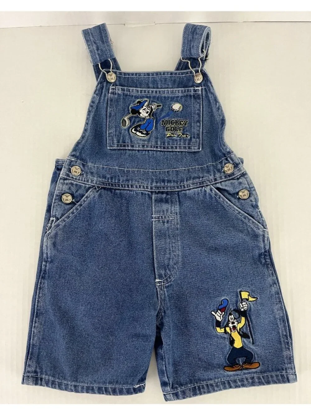 Vintage Disney Denim Embroidered Mickey Goofy Golf Shortalls Overalls Romper 4T